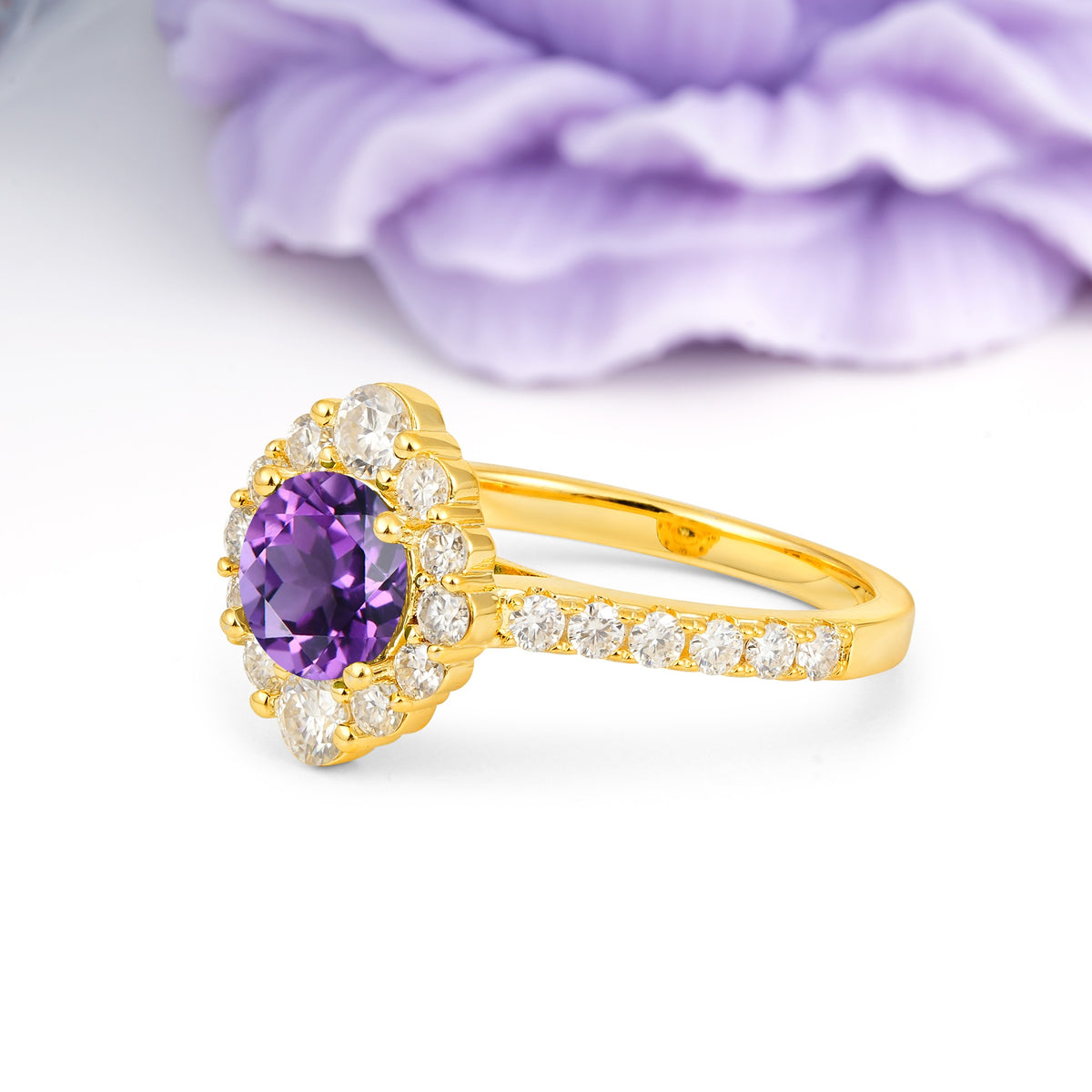 Unique Pavé Setting, Luxurious 4-Prong Round Cut Amethyst Engagement Ring - Additional view