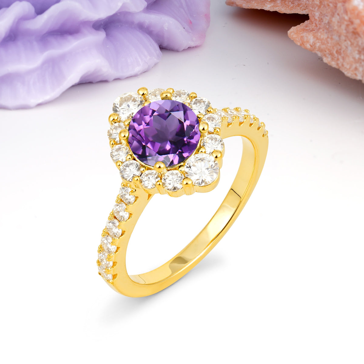 Unique Pavé Setting, Luxurious 4-Prong Round Cut Amethyst Engagement Ring - Additional view