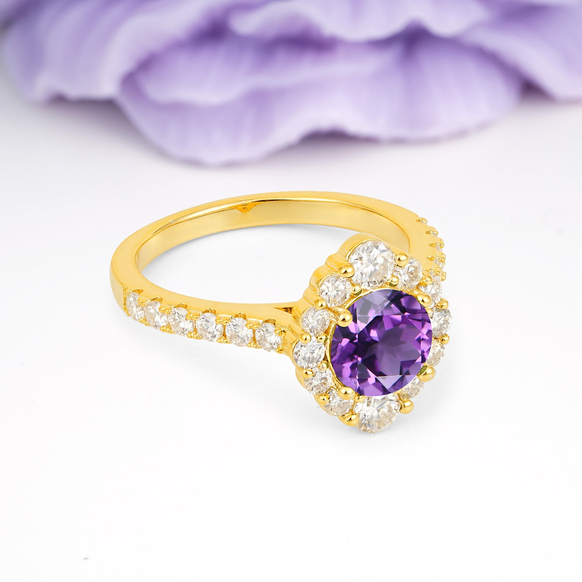 Unique Pavé Setting, Luxurious 4-Prong Round Cut Amethyst Engagement Ring - Additional view