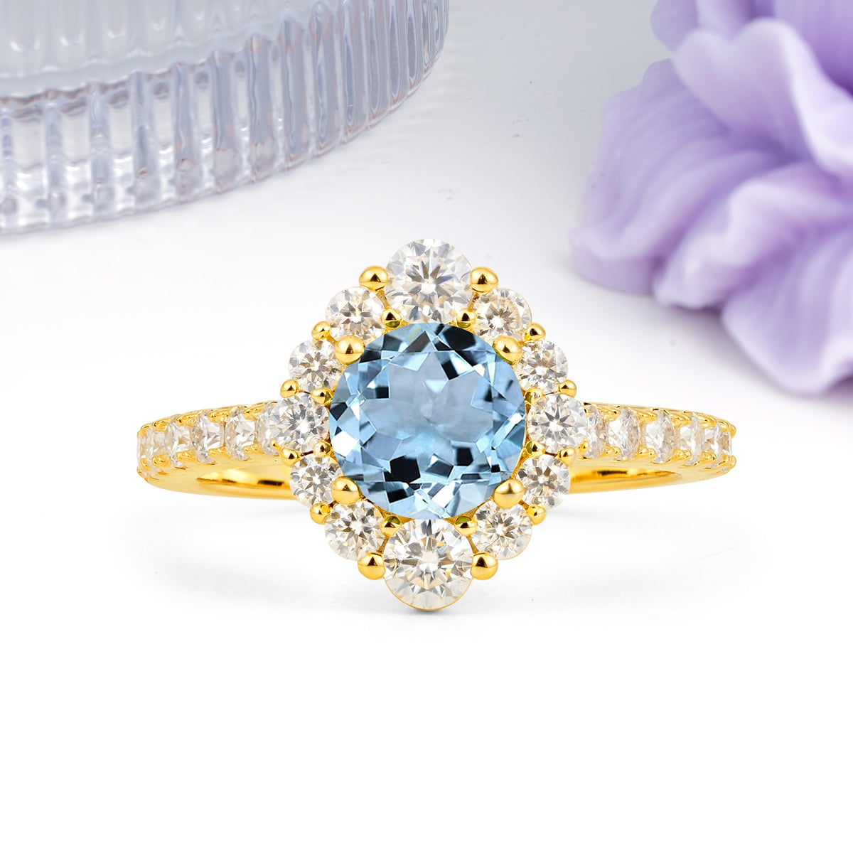 Unique Pavé Setting, Luxurious 4-Prong Round Cut Aquamarine Engagement Ring - Additional view