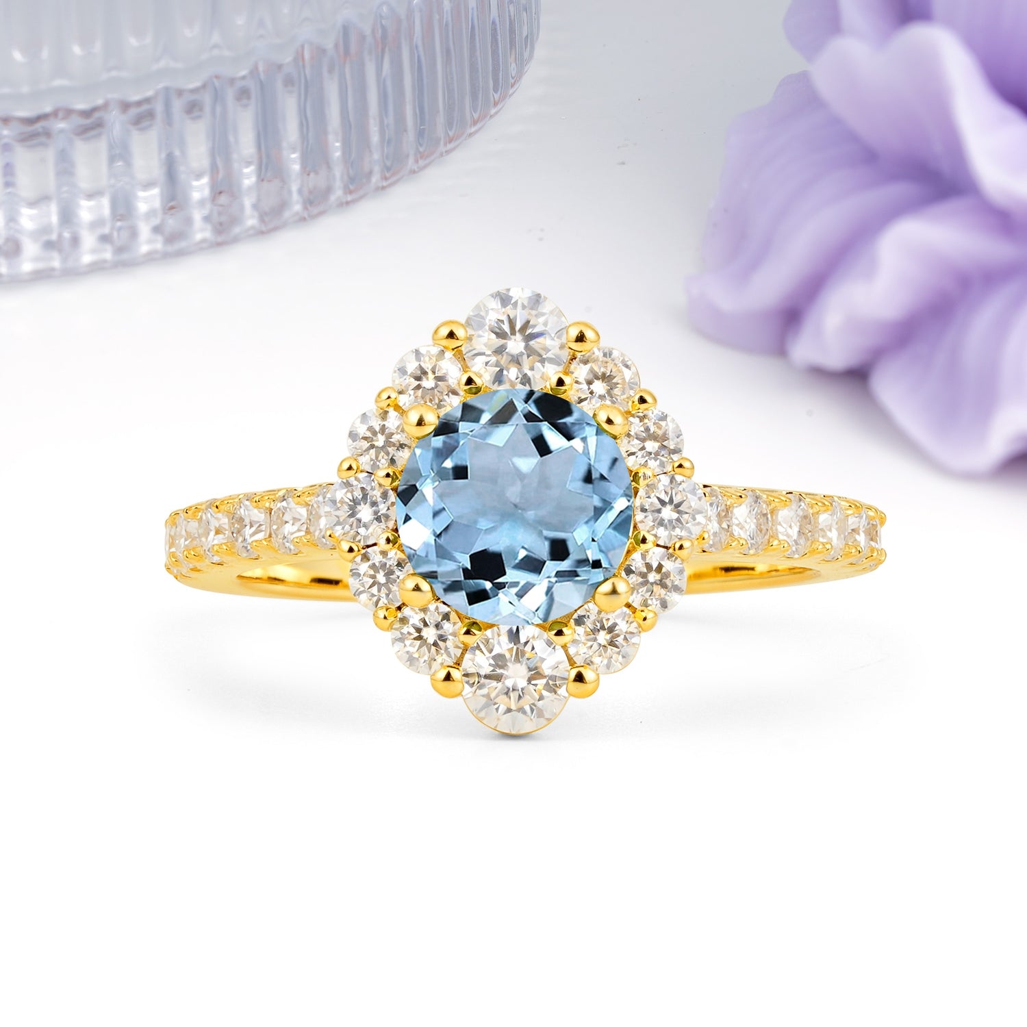 Unique Pavé Setting, Luxurious 4-Prong Round Cut Aquamarine Engagement Ring - Additional view