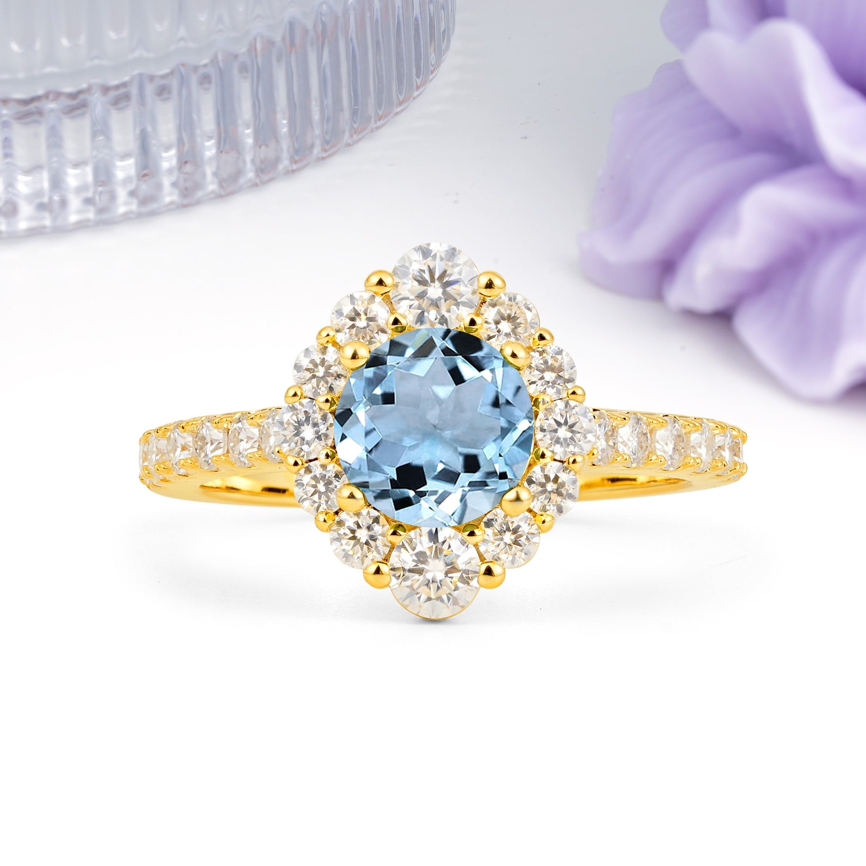 Unique Pavé Setting, Luxurious 4-Prong Round Cut Aquamarine Engagement Ring - Additional view