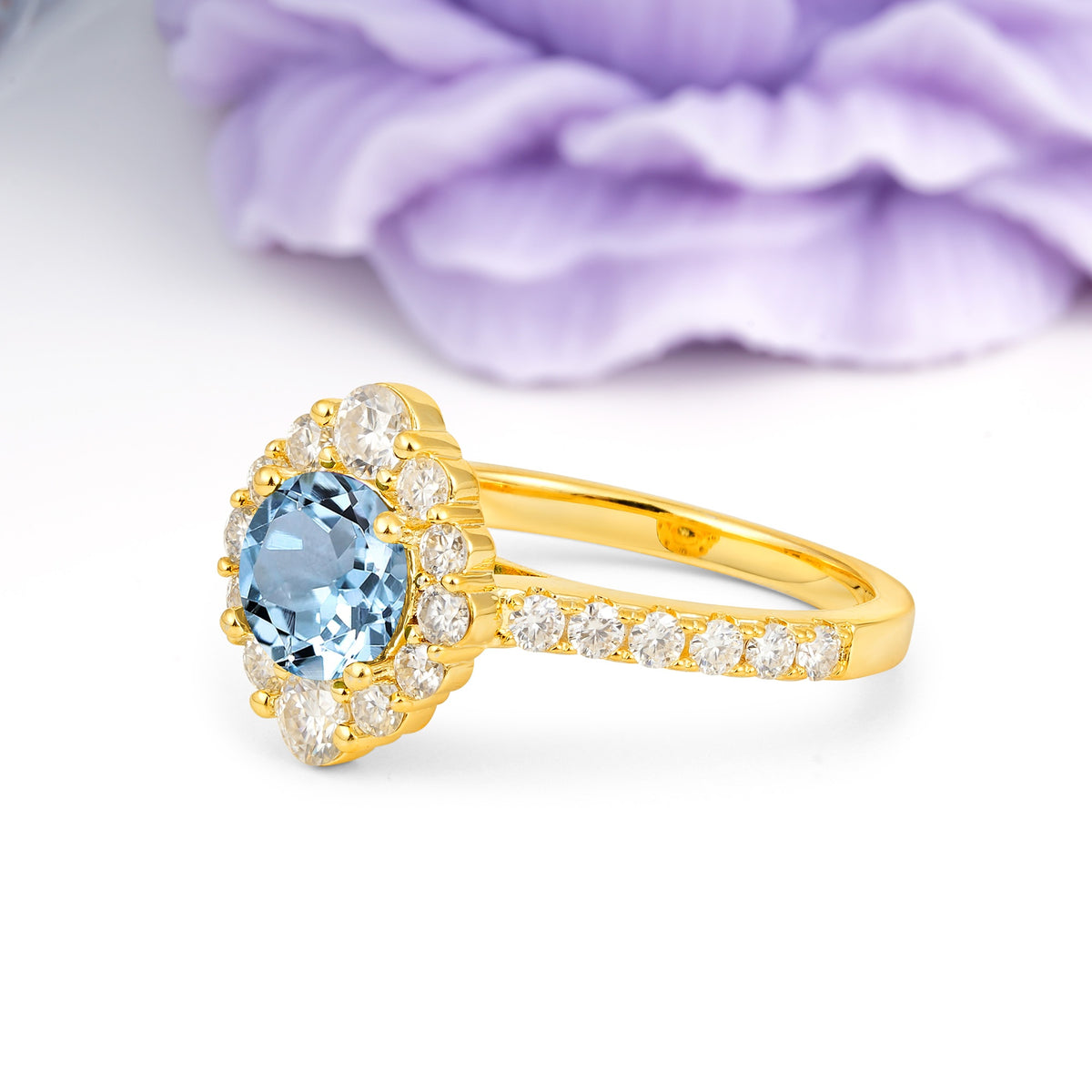 Unique Pavé Setting, Luxurious 4-Prong Round Cut Aquamarine Engagement Ring - Additional view