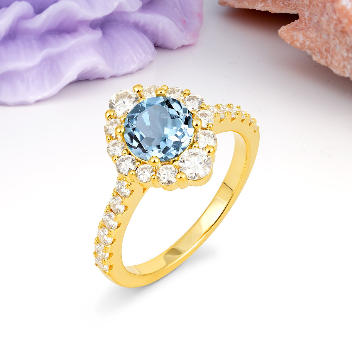 Unique Pavé Setting, Luxurious 4-Prong Round Cut Aquamarine Engagement Ring - Additional view