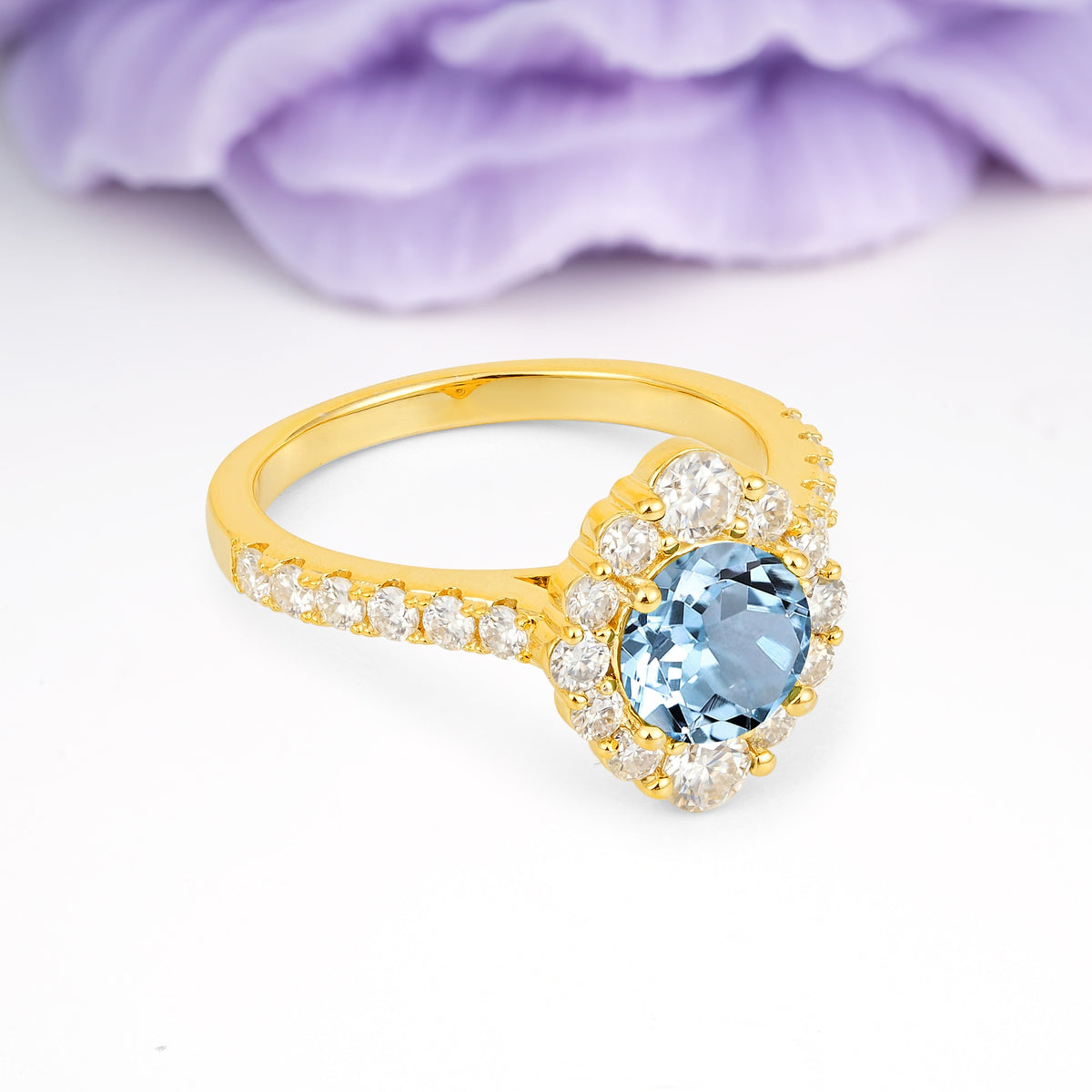 Unique Pavé Setting, Luxurious 4-Prong Round Cut Aquamarine Engagement Ring - Additional view
