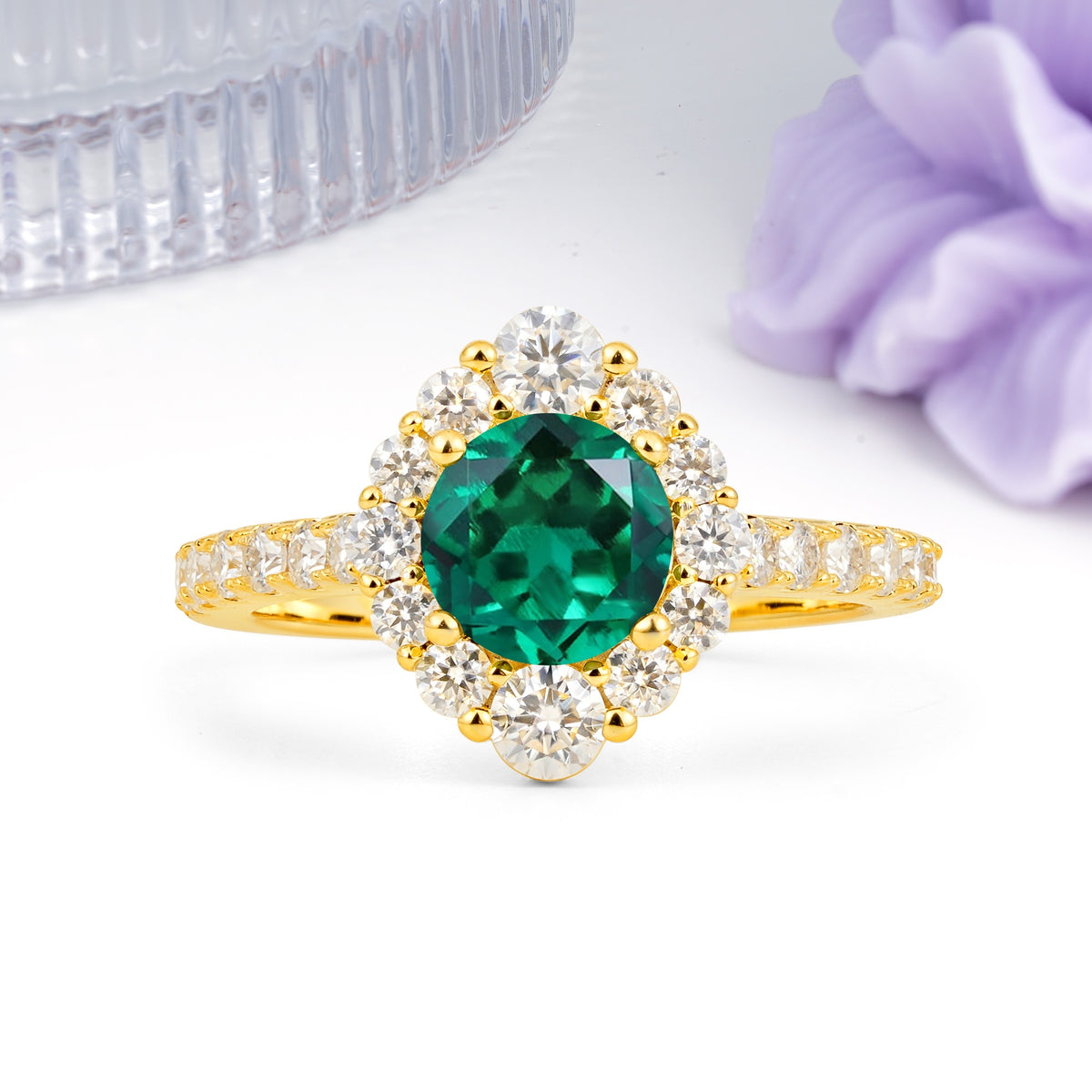 Unique Pavé Setting, Luxurious 4-Prong Round Cut Emerald Engagement Ring - Additional view