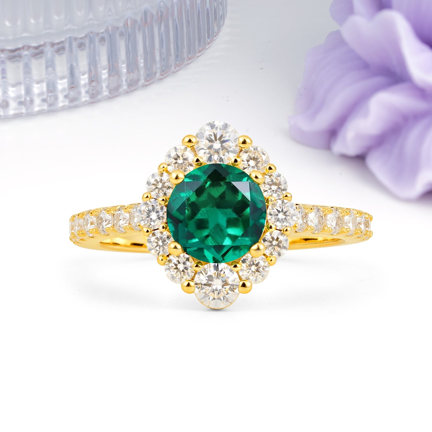 Unique Pavé Setting, Luxurious 4-Prong Round Cut Emerald Engagement Ring - Additional view