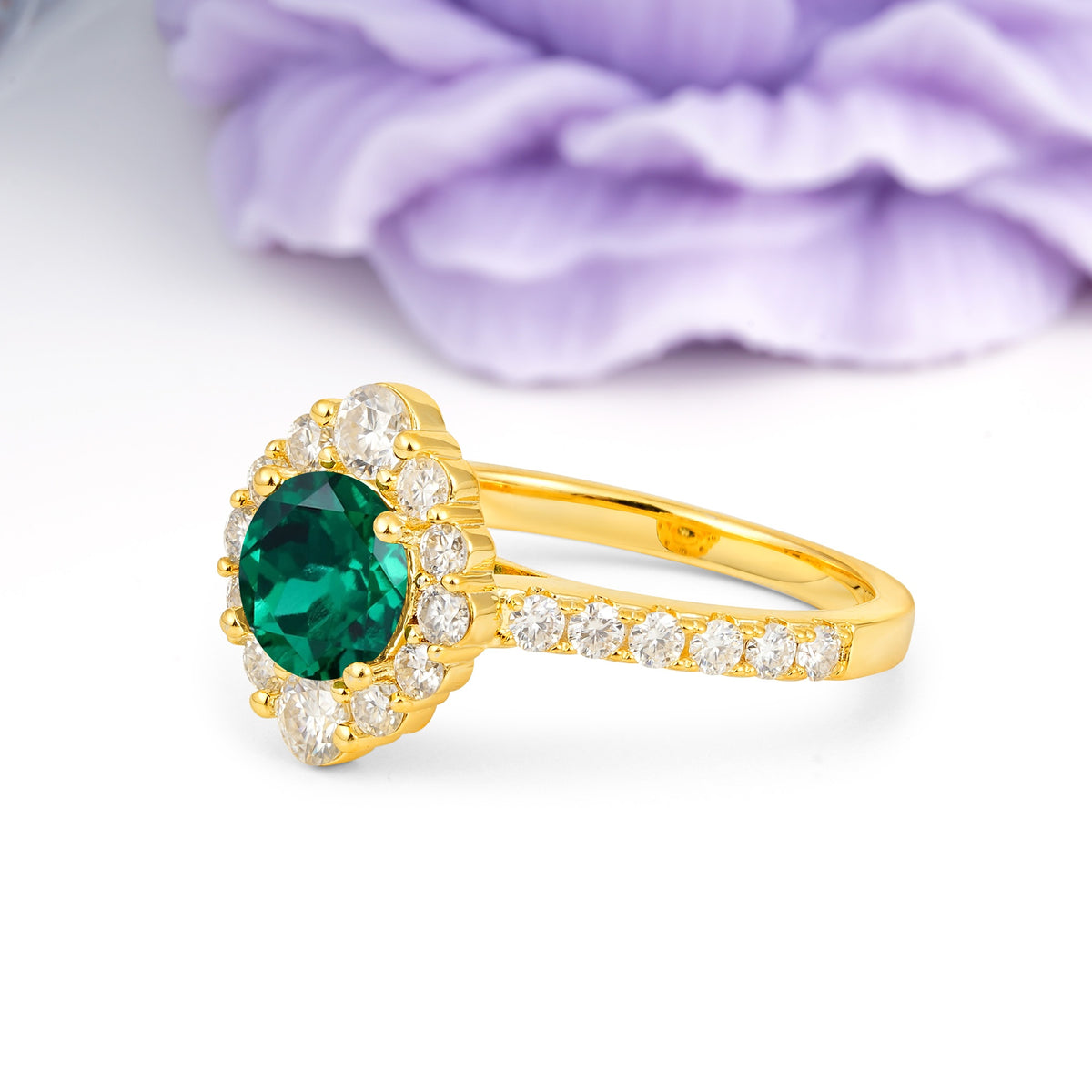 Unique Pavé Setting, Luxurious 4-Prong Round Cut Emerald Engagement Ring - Additional view