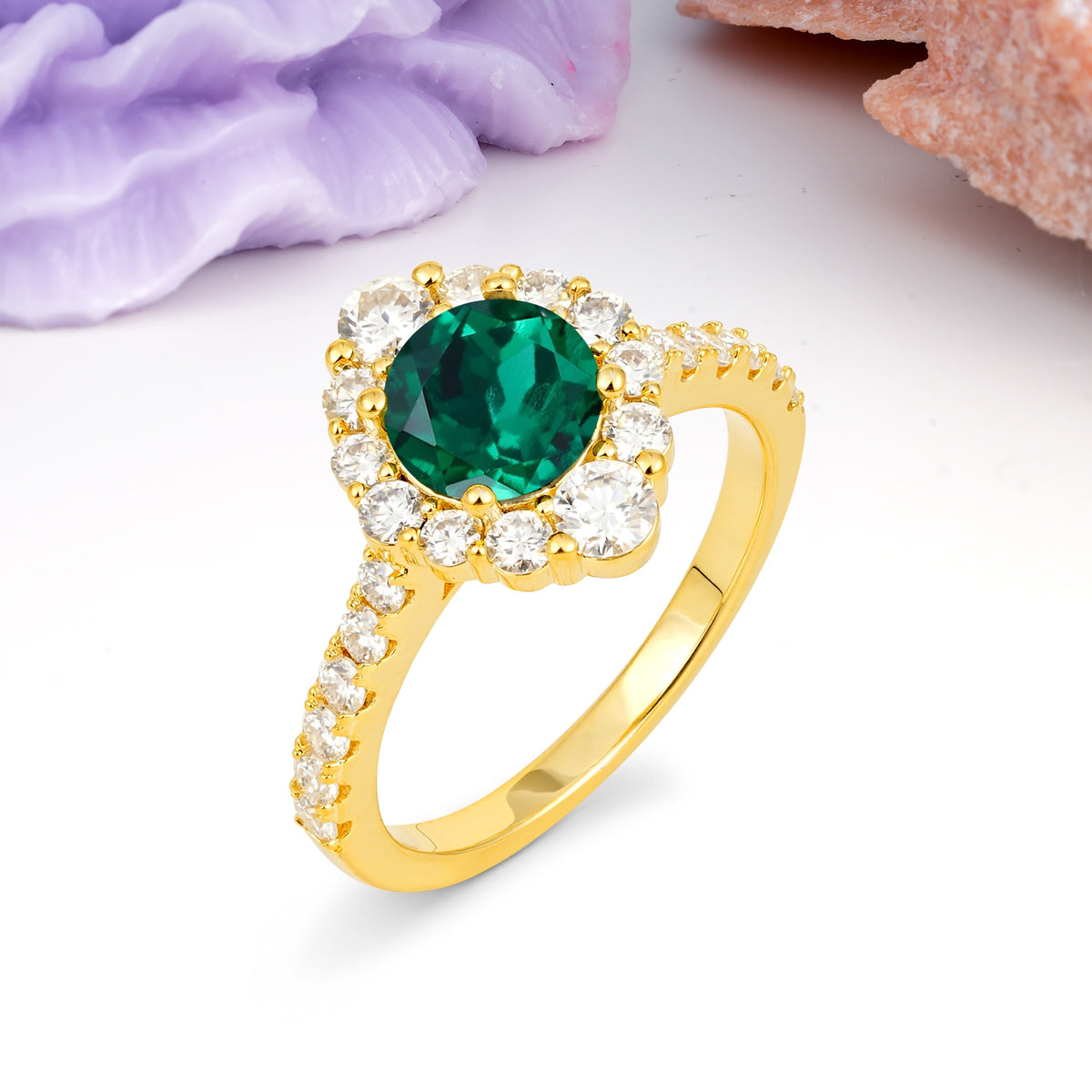 Unique Pavé Setting, Luxurious 4-Prong Round Cut Emerald Engagement Ring - Additional view