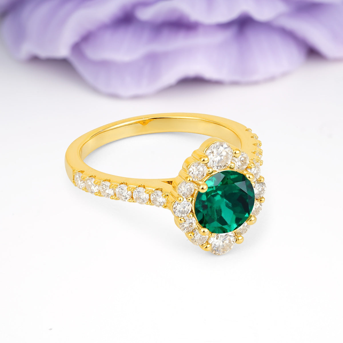 Unique Pavé Setting, Luxurious 4-Prong Round Cut Emerald Engagement Ring - Additional view