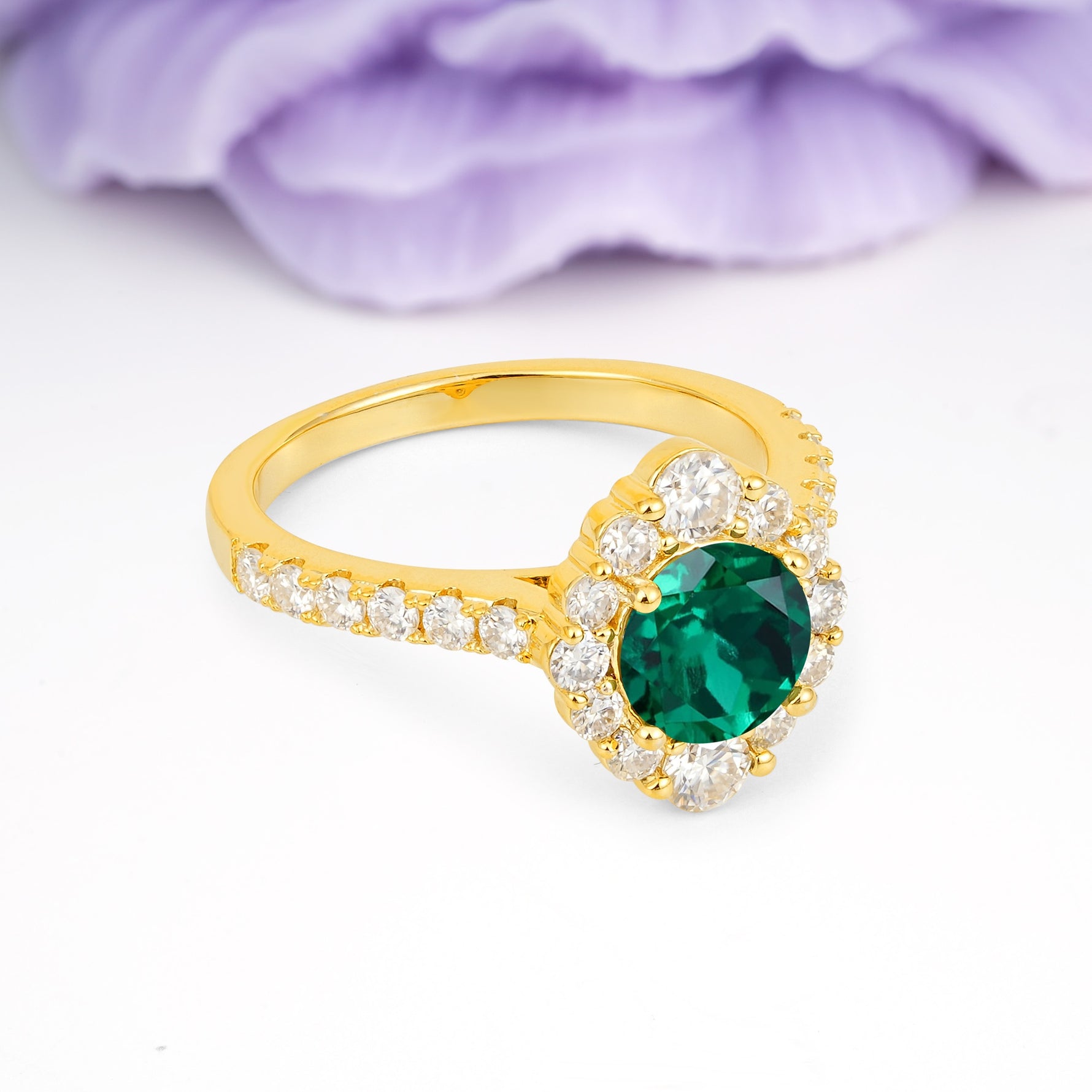 Unique Pavé Setting, Luxurious 4-Prong Round Cut Emerald Engagement Ring - Additional view