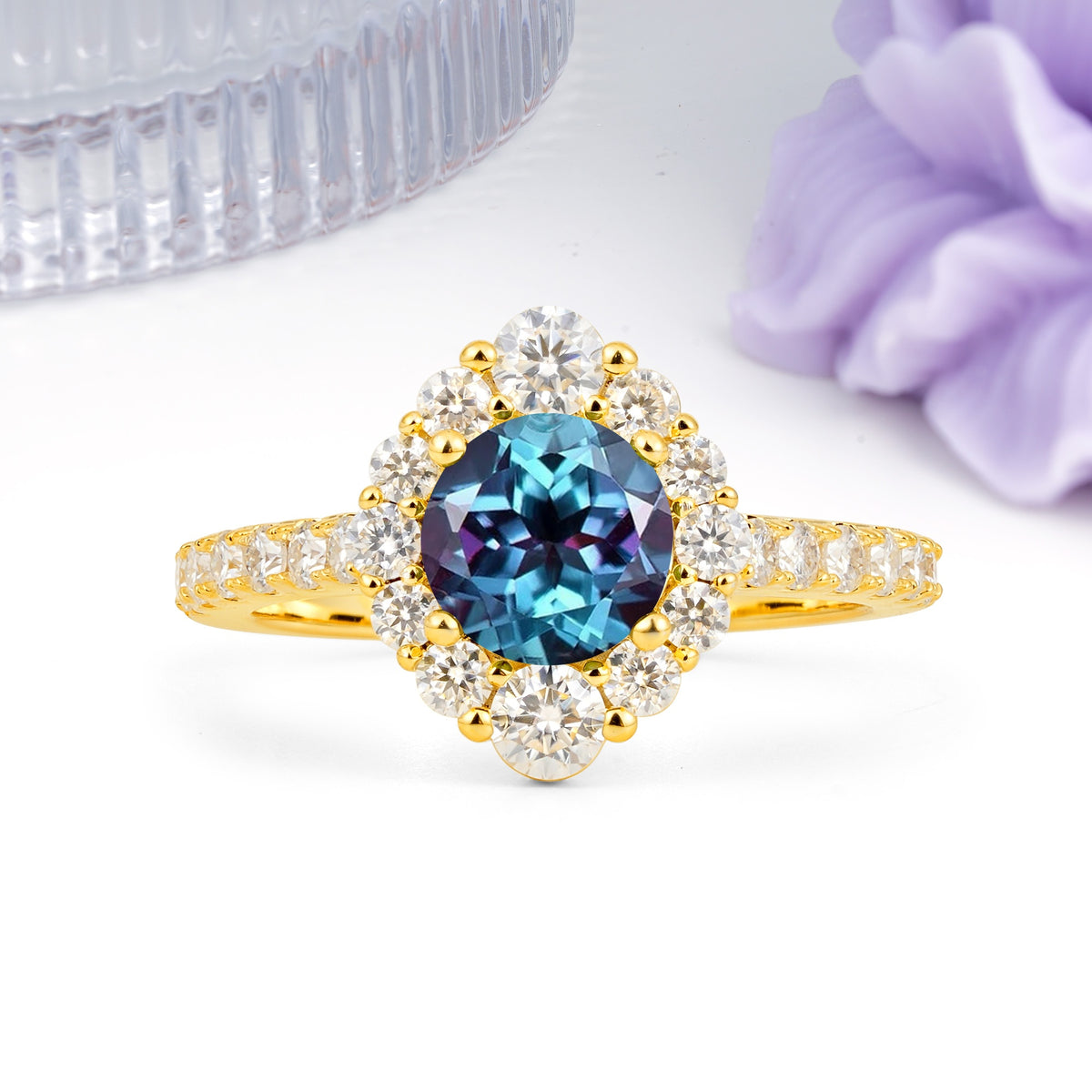 Unique Pavé Setting, Luxurious 4-Prong Round Cut Alexandrite Engagement Ring - Additional view
