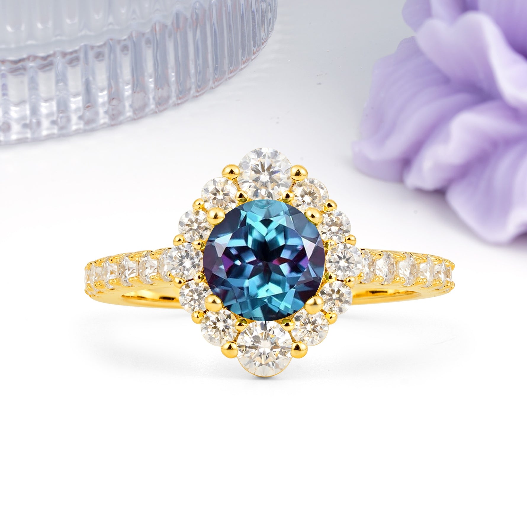 Unique Pavé Setting, Luxurious 4-Prong Round Cut Alexandrite Engagement Ring - Additional view