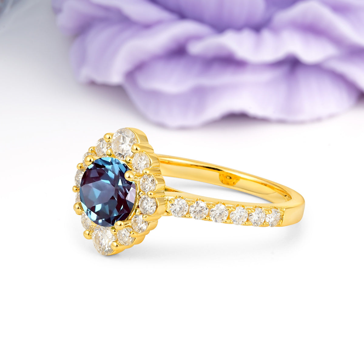 Unique Pavé Setting, Luxurious 4-Prong Round Cut Alexandrite Engagement Ring - Additional view