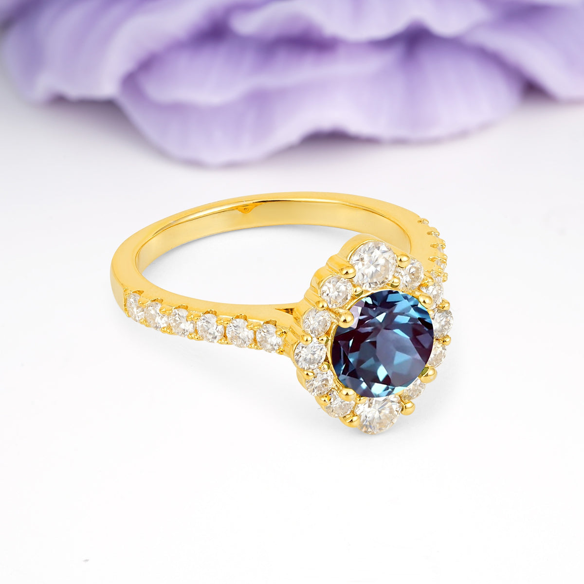 Unique Pavé Setting, Luxurious 4-Prong Round Cut Alexandrite Engagement Ring - Additional view