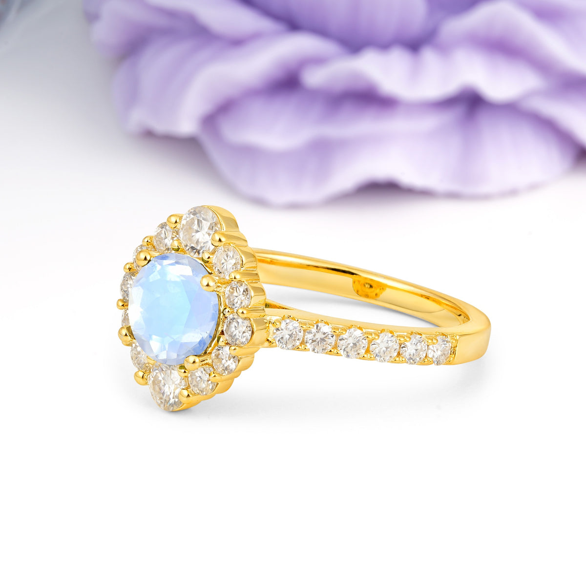 Unique Pavé Setting, Luxurious 4-Prong Round Cut Moonstone Engagement Ring - Additional view