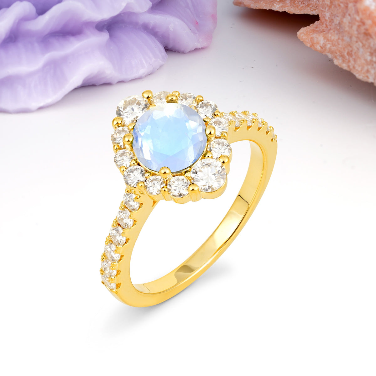 Unique Pavé Setting, Luxurious 4-Prong Round Cut Moonstone Engagement Ring - Additional view