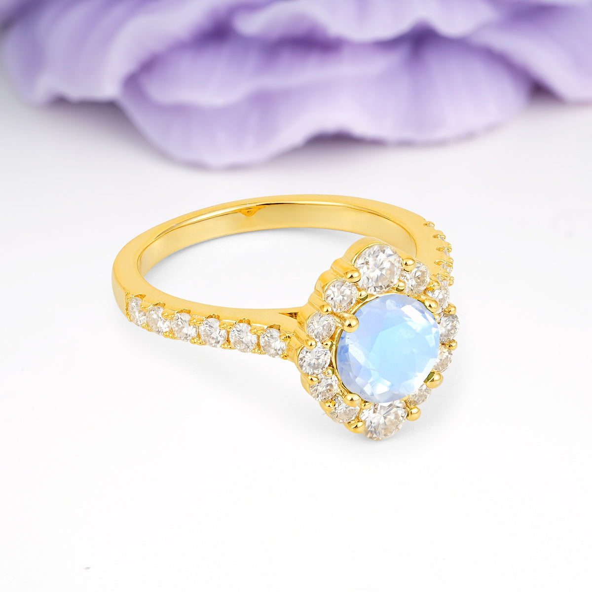 Unique Pavé Setting, Luxurious 4-Prong Round Cut Moonstone Engagement Ring - Additional view