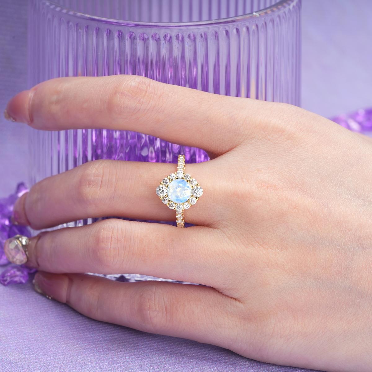 Unique Pavé Setting, Luxurious 4-Prong Round Cut Moonstone Engagement Ring
