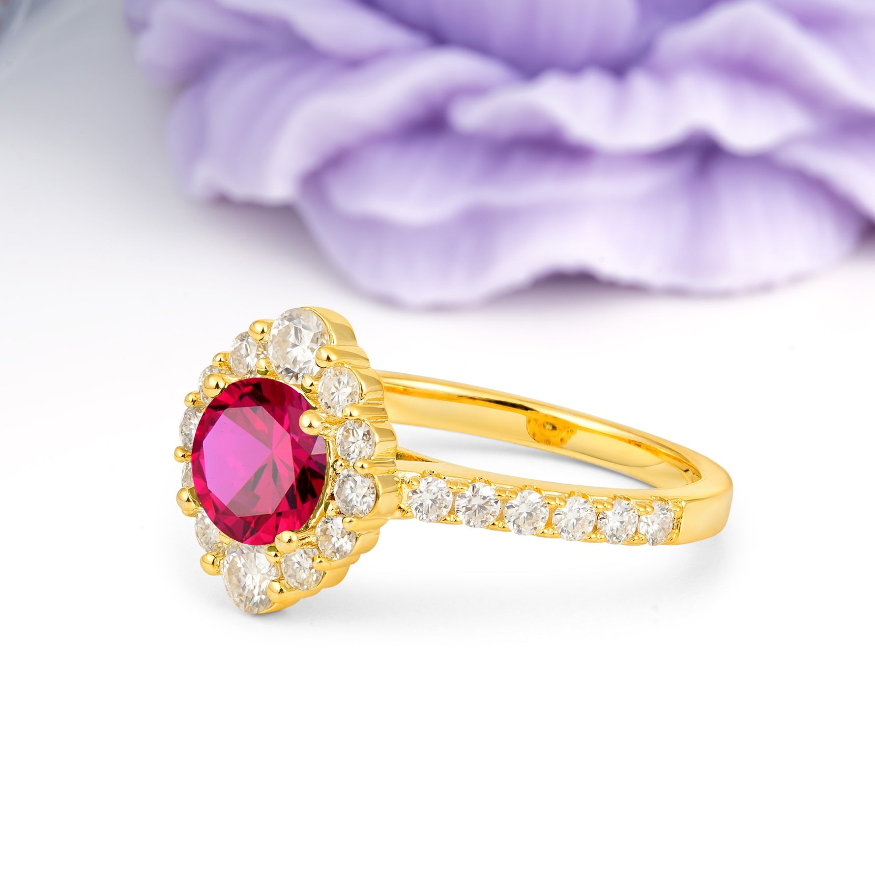 Unique Pavé Setting, Luxurious 4-Prong Round Cut Ruby Engagement Ring - Additional view