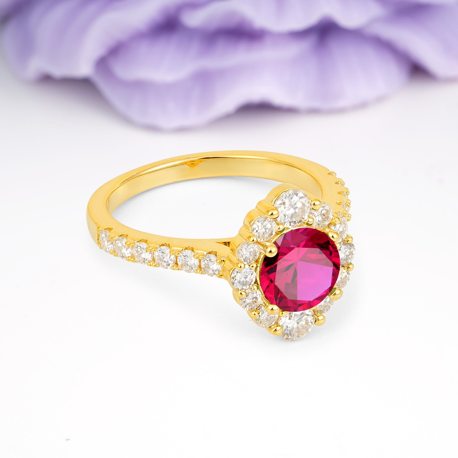 Unique Pavé Setting, Luxurious 4-Prong Round Cut Ruby Engagement Ring - Additional view