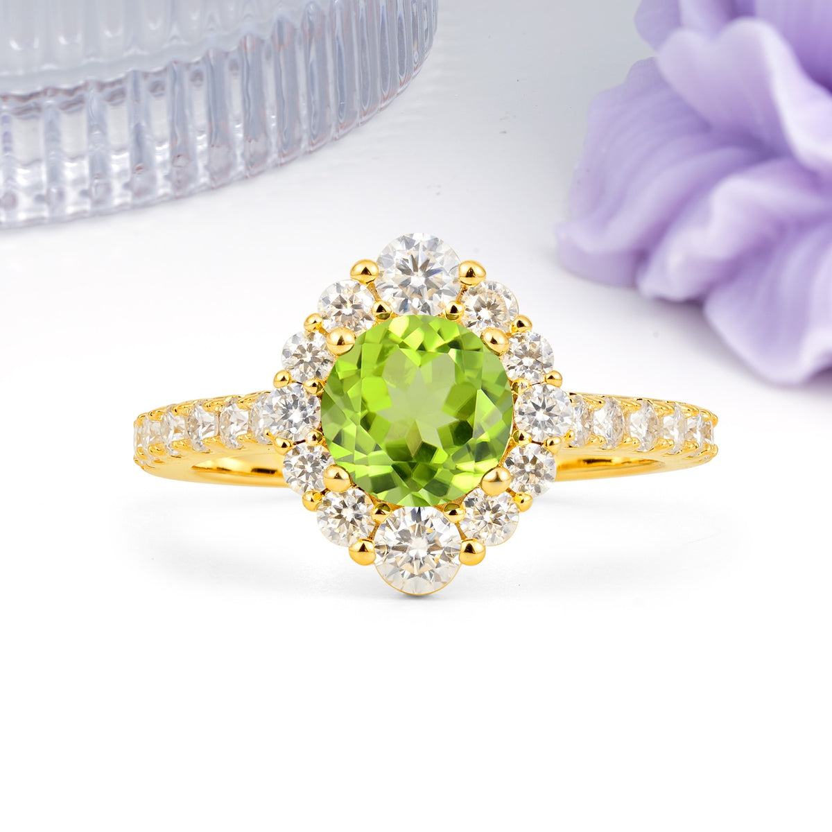 Unique Pavé Setting, Luxurious 4-Prong Round Cut Peridot Engagement Ring - Additional view