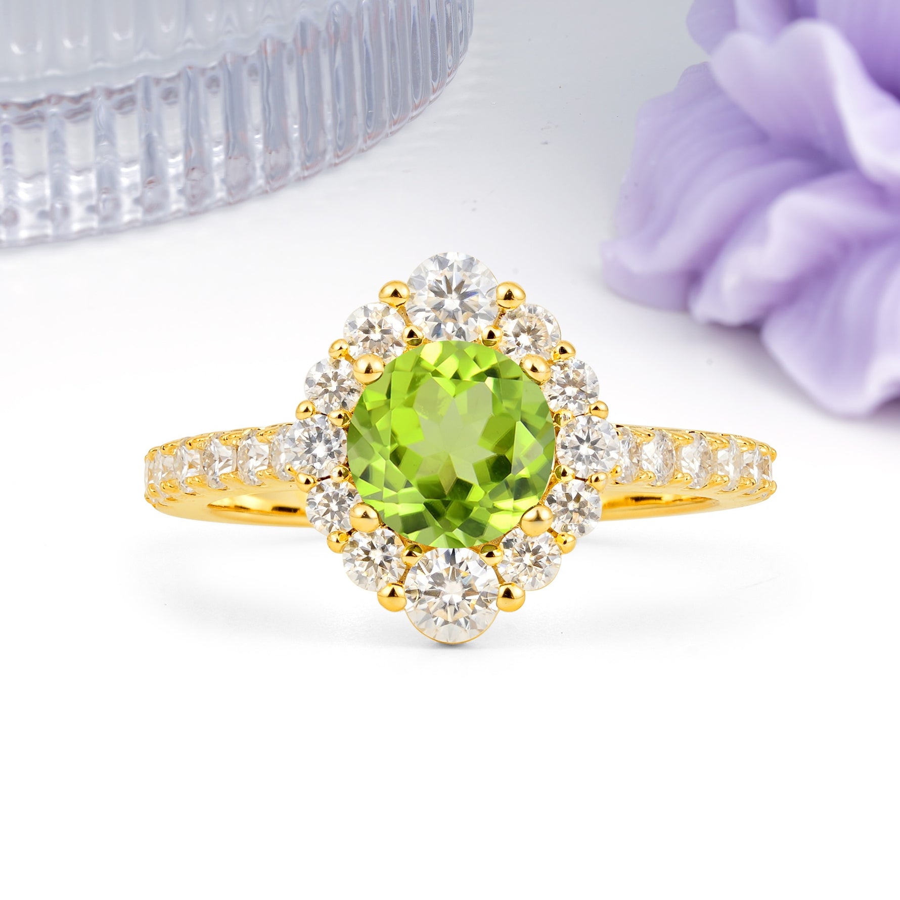 Unique Pavé Setting, Luxurious 4-Prong Round Cut Peridot Engagement Ring - Additional view
