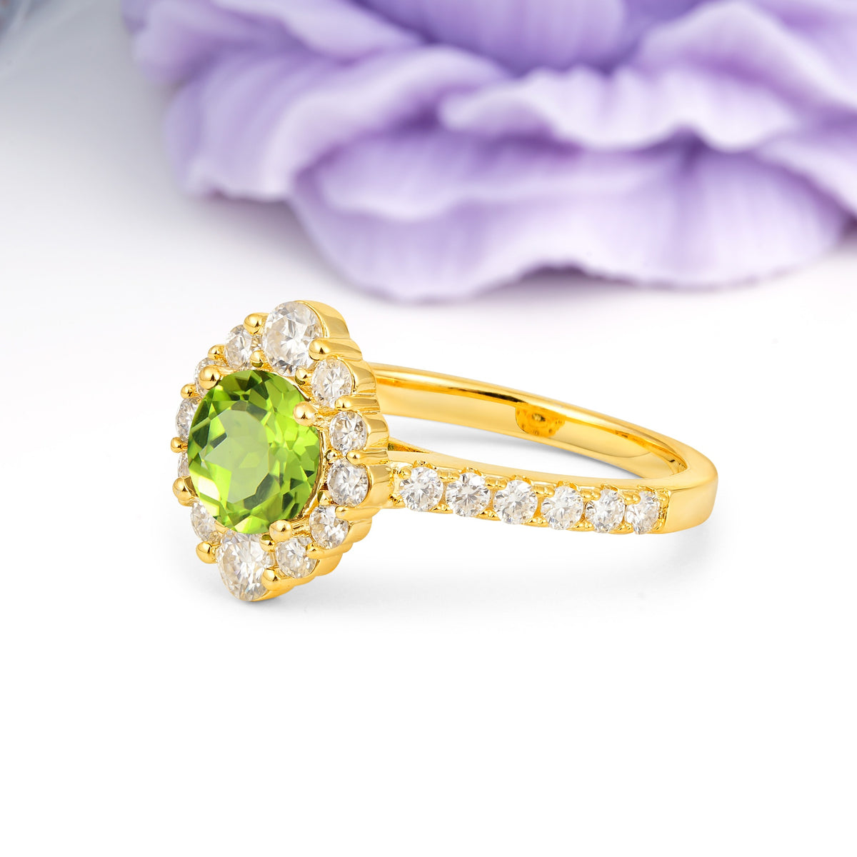 Unique Pavé Setting, Luxurious 4-Prong Round Cut Peridot Engagement Ring - Additional view