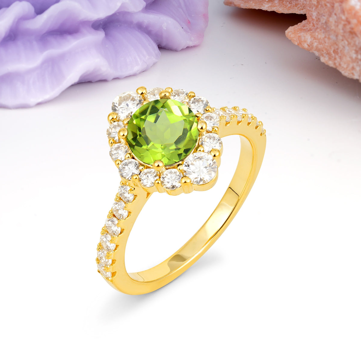 Unique Pavé Setting, Luxurious 4-Prong Round Cut Peridot Engagement Ring - Additional view