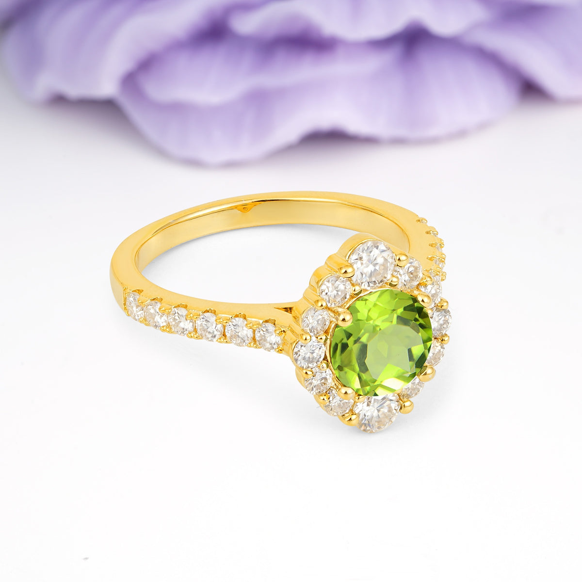 Unique Pavé Setting, Luxurious 4-Prong Round Cut Peridot Engagement Ring - Additional view