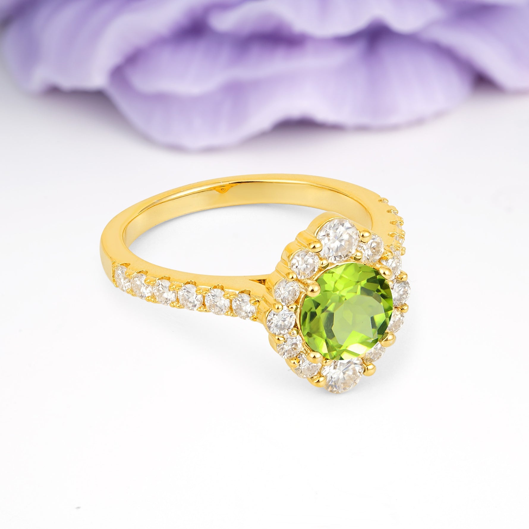 Unique Pavé Setting, Luxurious 4-Prong Round Cut Peridot Engagement Ring - Additional view