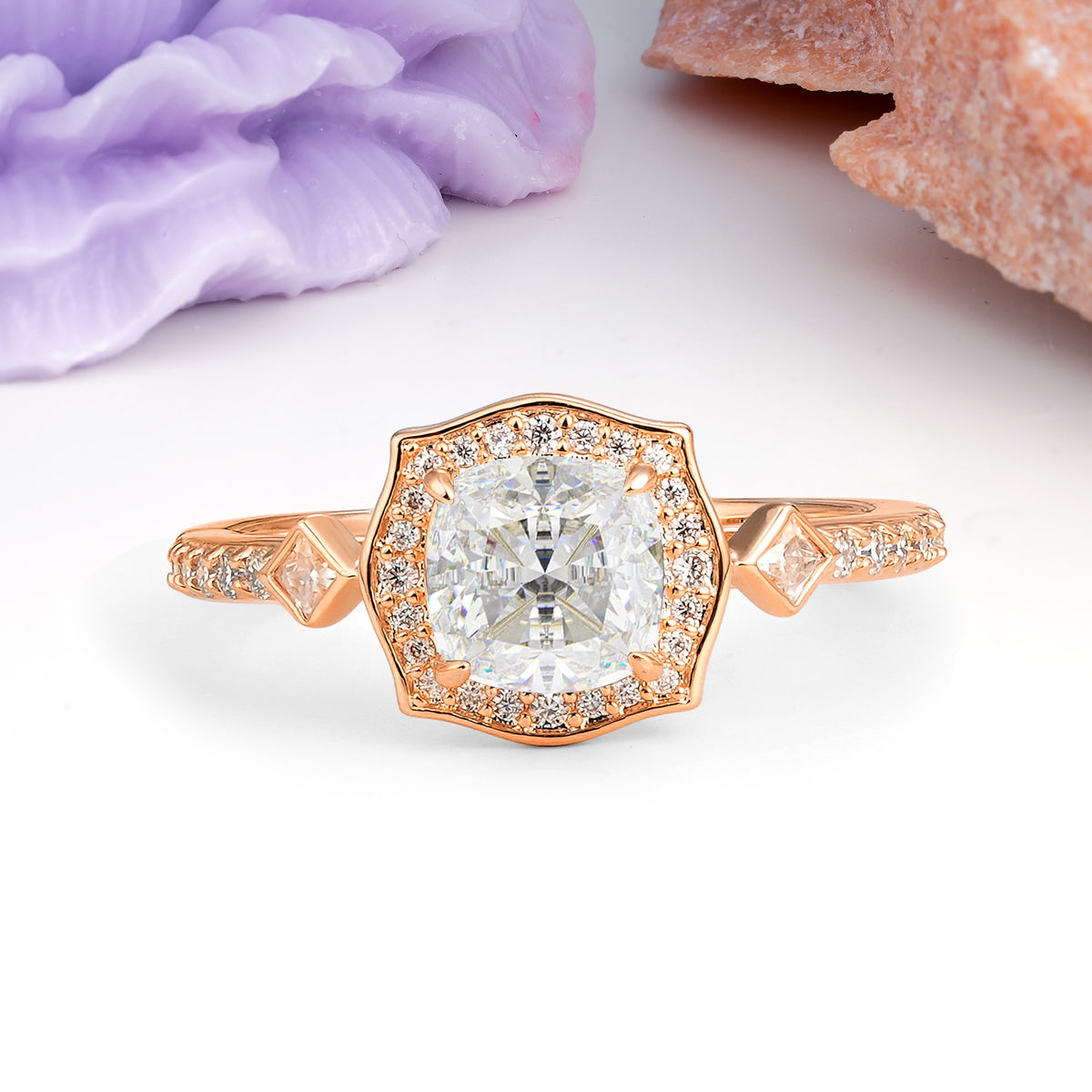 Vintage-Style, Multi-Row Diamond, Luxurious 4-Prong Princess Cut Moissanite Engagement Ring - Additional view