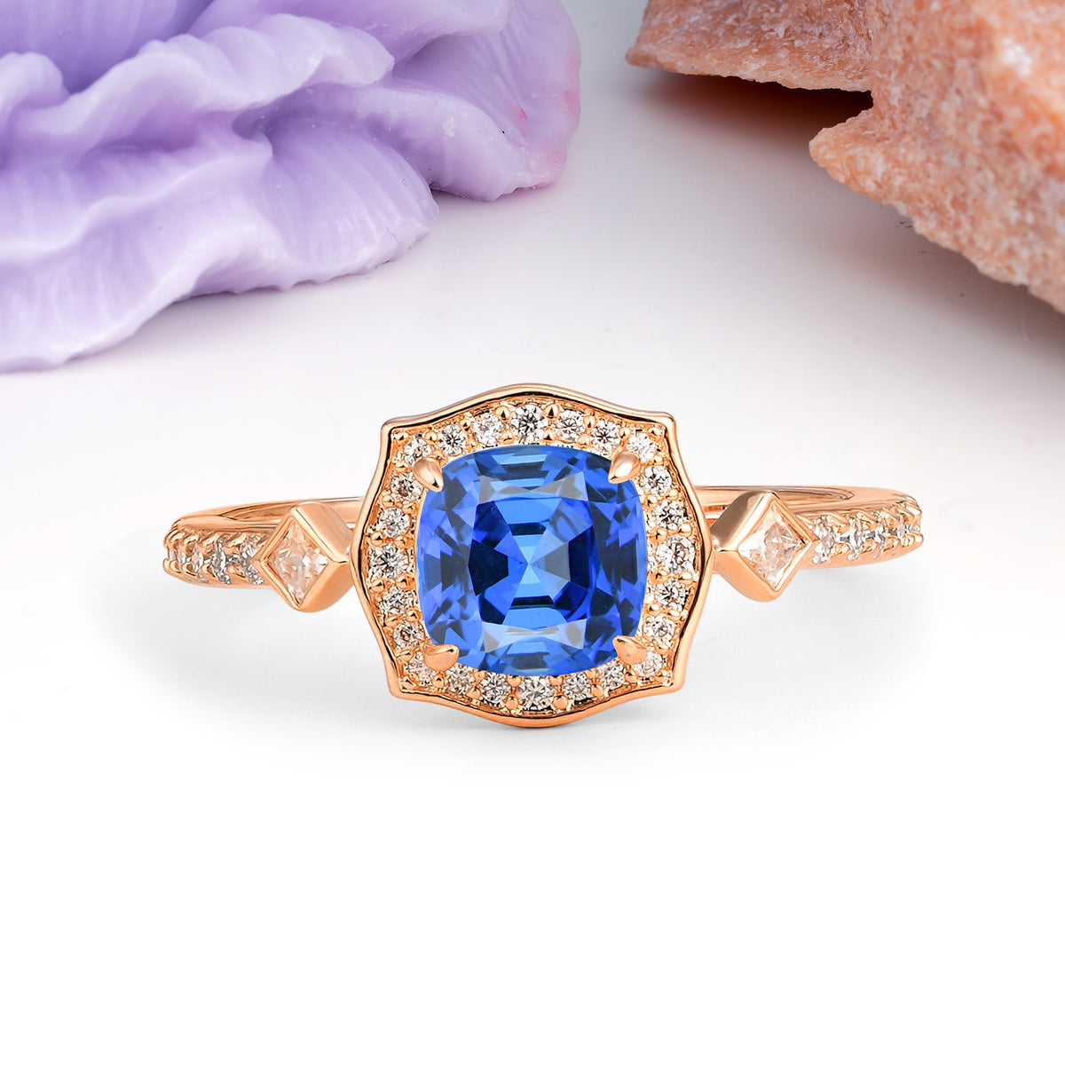 Vintage-Style, Multi-Row Diamond, Luxurious 4-Prong Princess Cut Sapphire Engagement Ring - Additional view