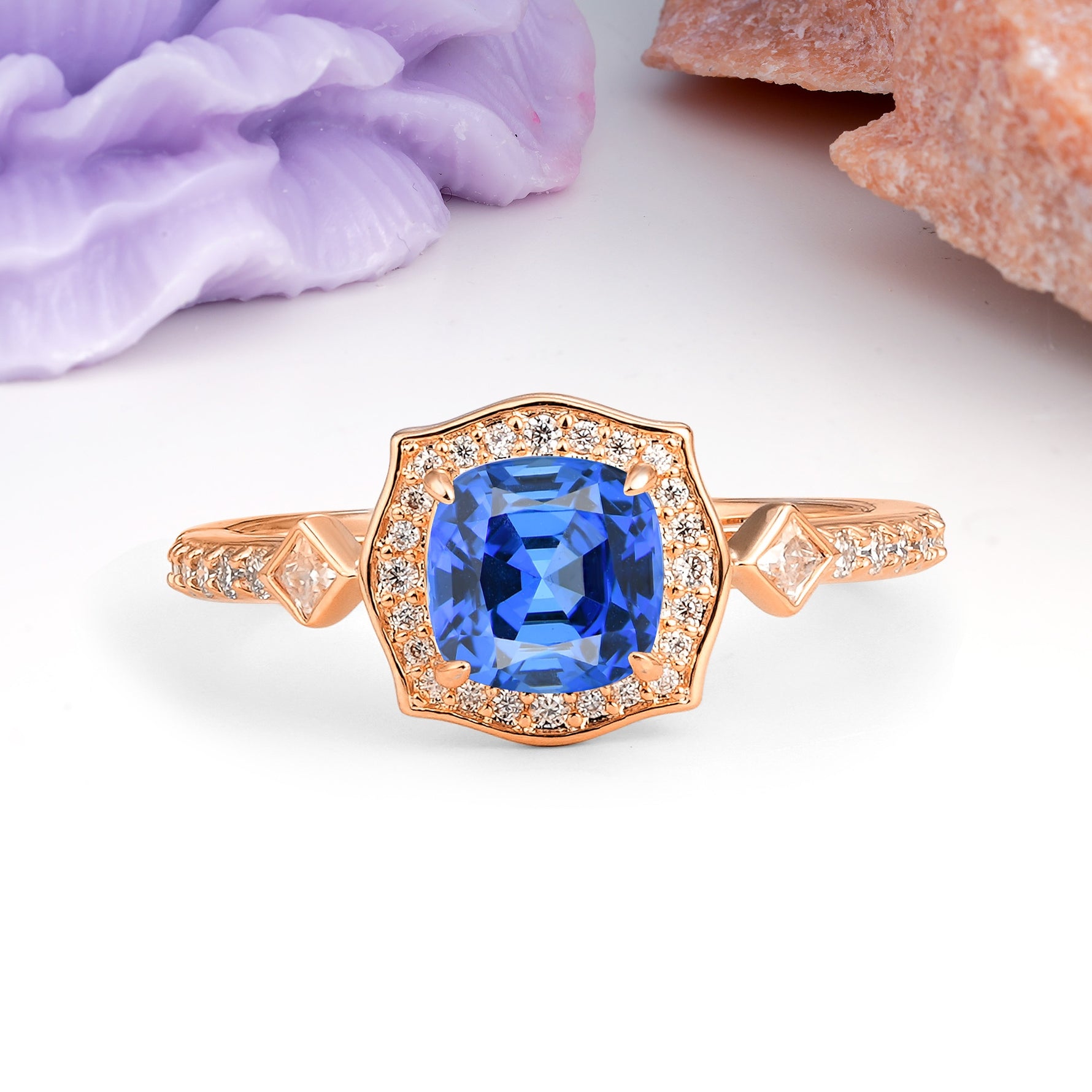 Vintage-Style, Multi-Row Diamond, Luxurious 4-Prong Princess Cut Sapphire Engagement Ring - Additional view
