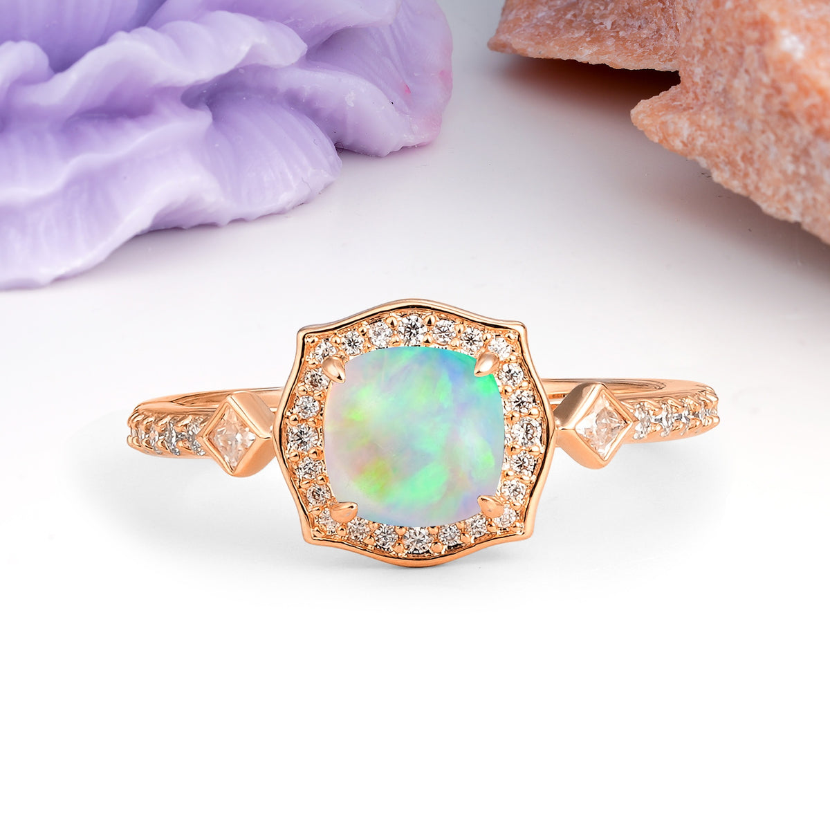 Vintage-Style, Multi-Row Diamond, Luxurious 4-Prong Princess Cut Fire Opal Engagement Ring - Additional view