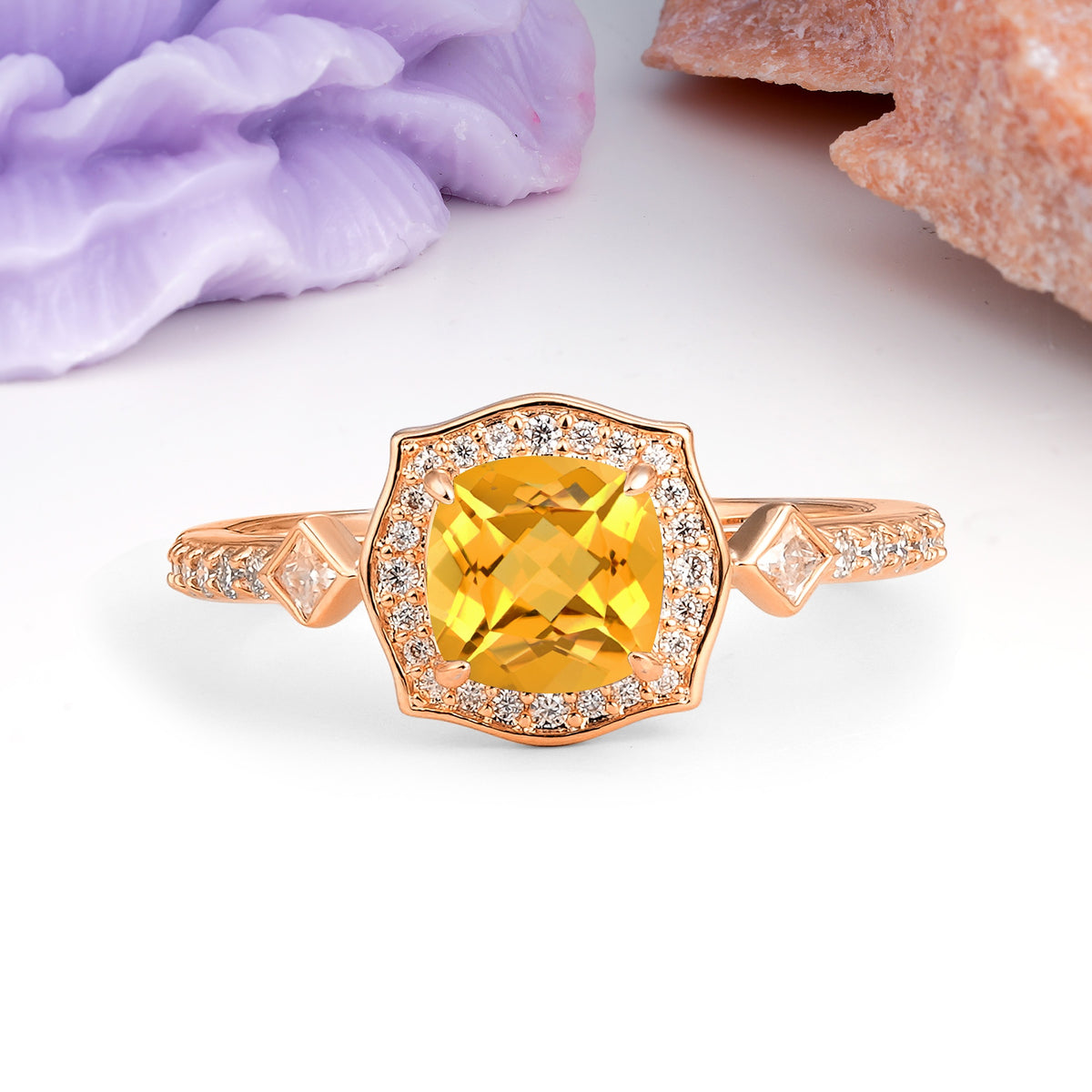 Vintage-Style, Multi-Row Diamond, Luxurious 4-Prong Princess Cut Citrine Engagement Ring - Additional view