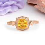 Vintage-Style, Multi-Row Diamond, Luxurious 4-Prong Princess Cut Citrine Engagement Ring - Additional view