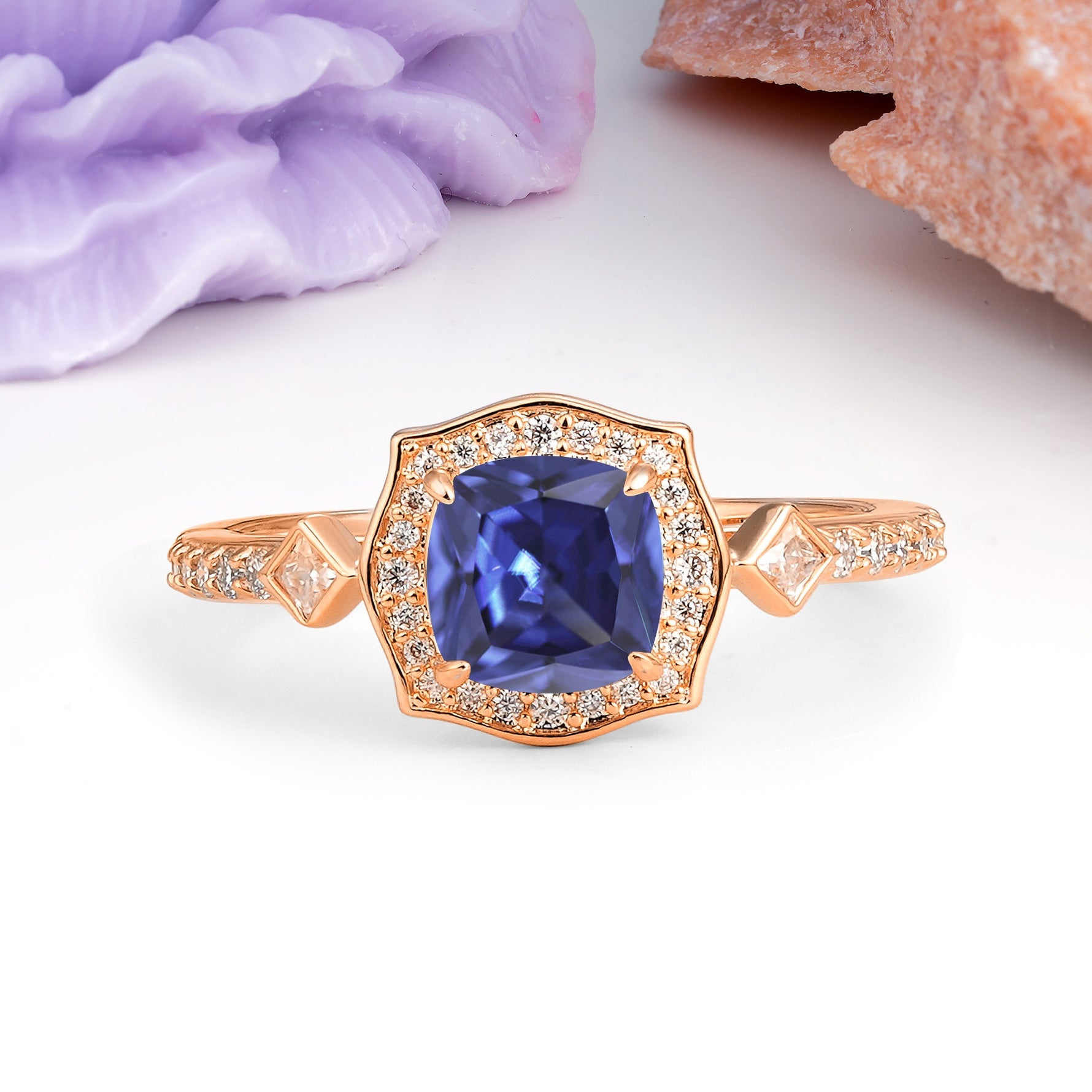 Vintage-Style, Multi-Row Diamond, Luxurious 4-Prong Princess Cut Tanzanite Engagement Ring - Additional view