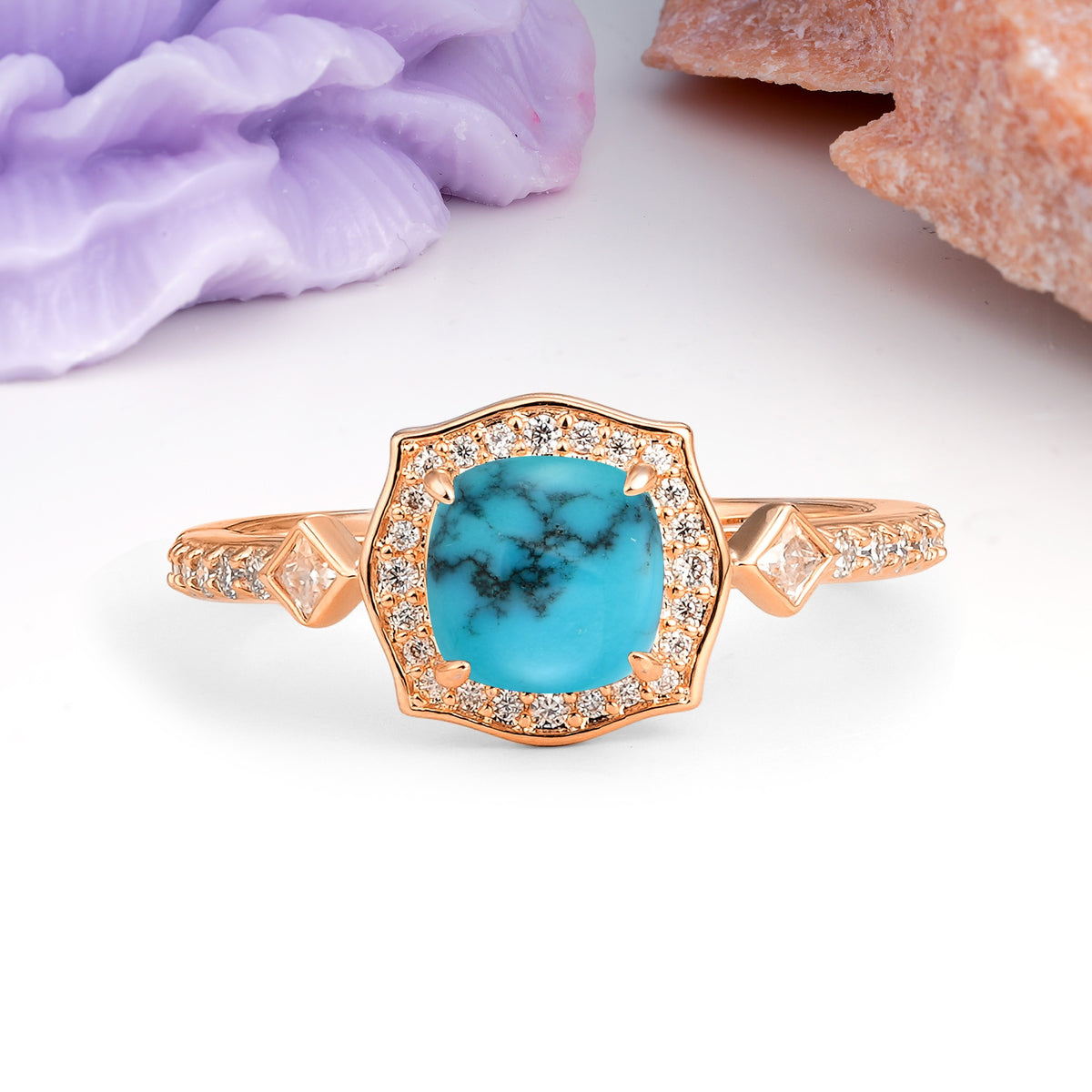 Vintage-Style, Multi-Row Diamond, Luxurious 4-Prong Princess Cut Turquoise Engagement Ring - Additional view