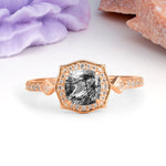 Vintage-Style, Multi-Row Diamond, Luxurious 4-Prong Princess Cut Black Rutilated Quartz Engagement Ring - Additional view