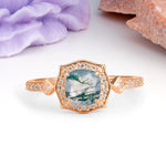 Vintage-Style, Multi-Row Diamond, Luxurious 4-Prong Princess Cut Moss Agate Engagement Ring - Additional view