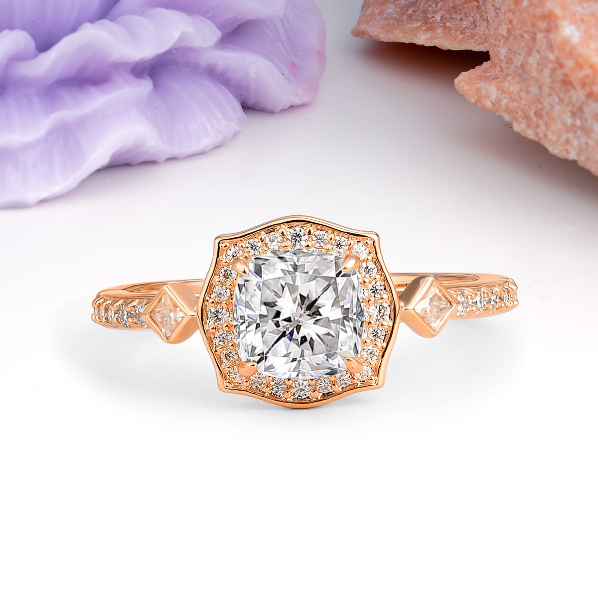 Vintage-Style, Multi-Row Diamond, Luxurious 4-Prong Princess Cut Lab Diamond Engagement Ring - Additional view