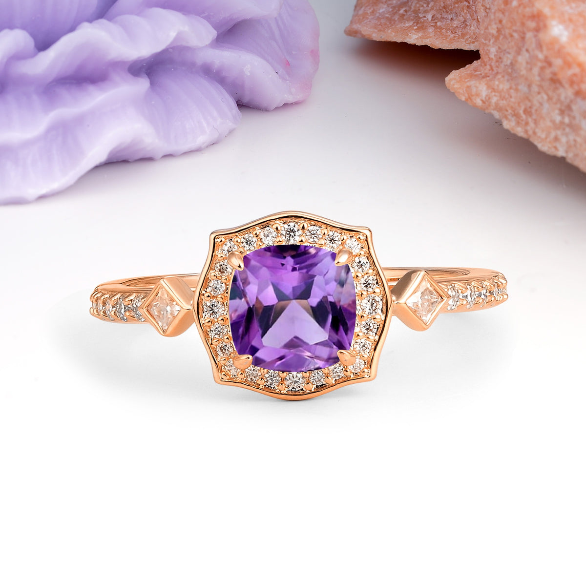 Vintage-Style, Multi-Row Diamond, Luxurious 4-Prong Princess Cut Amethyst Engagement Ring - Additional view