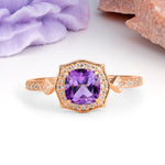 Vintage-Style, Multi-Row Diamond, Luxurious 4-Prong Princess Cut Amethyst Engagement Ring - Additional view