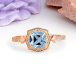 Vintage-Style, Multi-Row Diamond, Luxurious 4-Prong Princess Cut Aquamarine Engagement Ring - Additional view