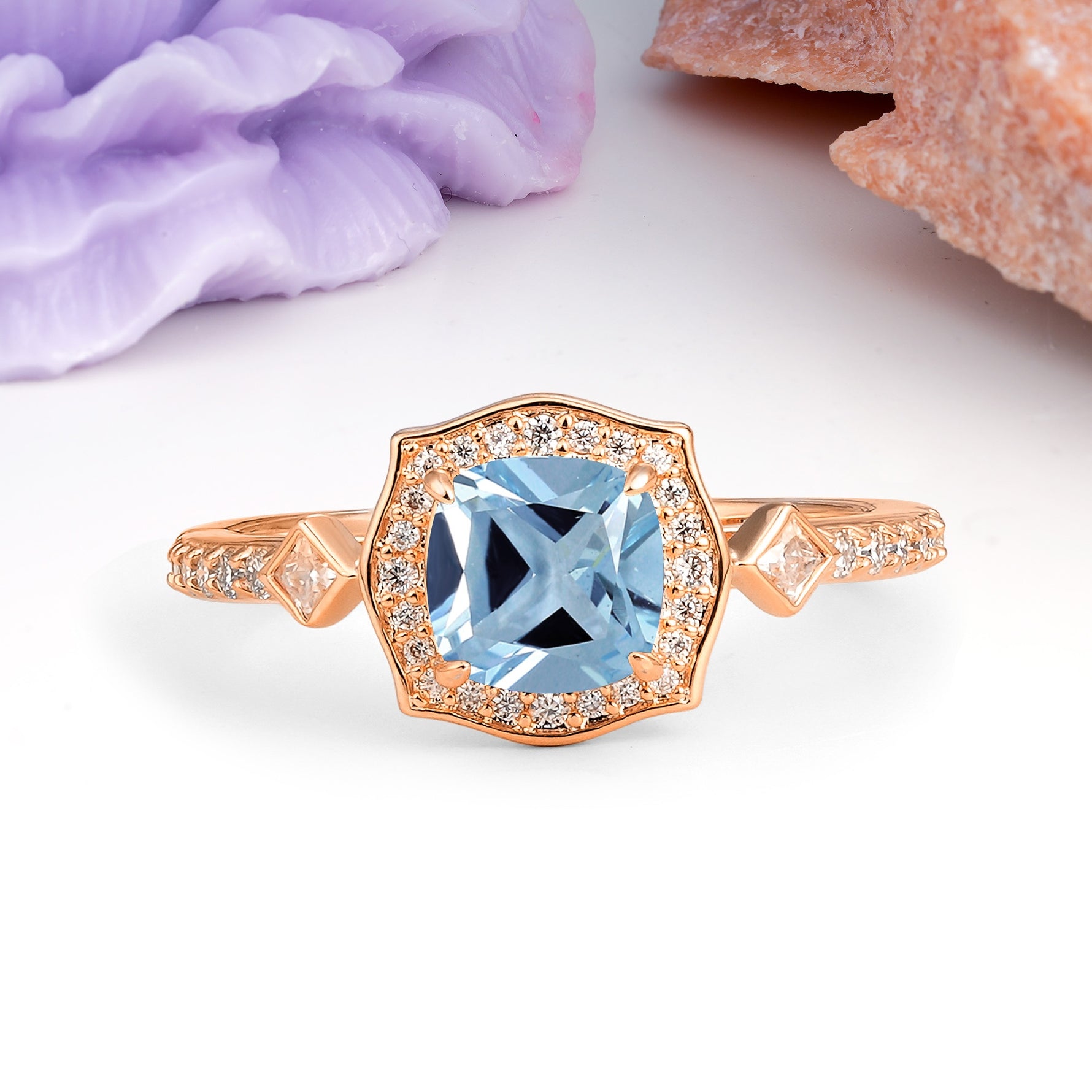 Vintage-Style, Multi-Row Diamond, Luxurious 4-Prong Princess Cut Aquamarine Engagement Ring - Additional view