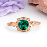 Vintage-Style, Multi-Row Diamond, Luxurious 4-Prong Princess Cut Emerald Engagement Ring - Additional view