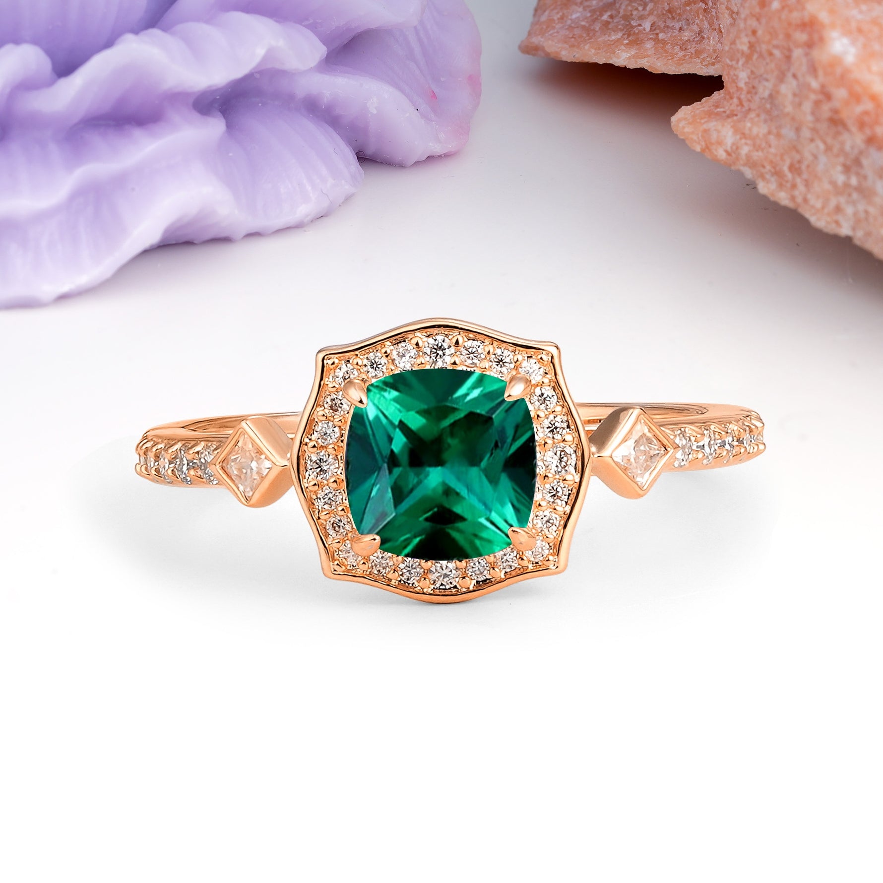 Vintage-Style, Multi-Row Diamond, Luxurious 4-Prong Princess Cut Emerald Engagement Ring - Additional view