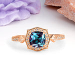 Vintage-Style, Multi-Row Diamond, Luxurious 4-Prong Princess Cut Alexandrite Engagement Ring - Additional view