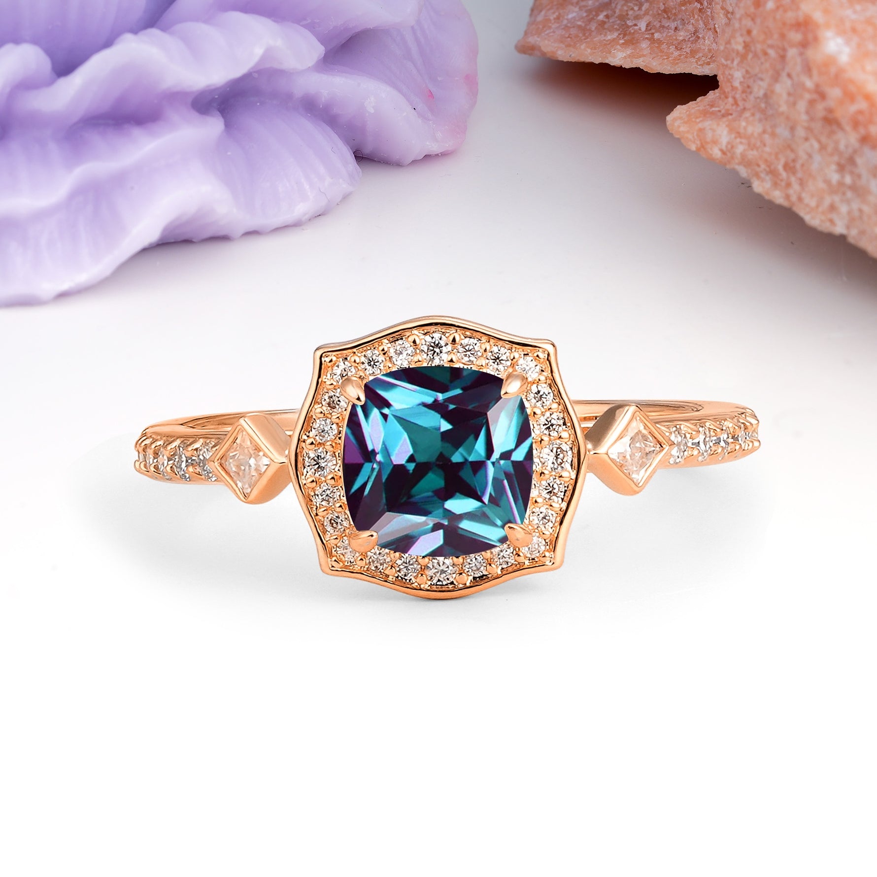 Vintage-Style, Multi-Row Diamond, Luxurious 4-Prong Princess Cut Alexandrite Engagement Ring - Additional view